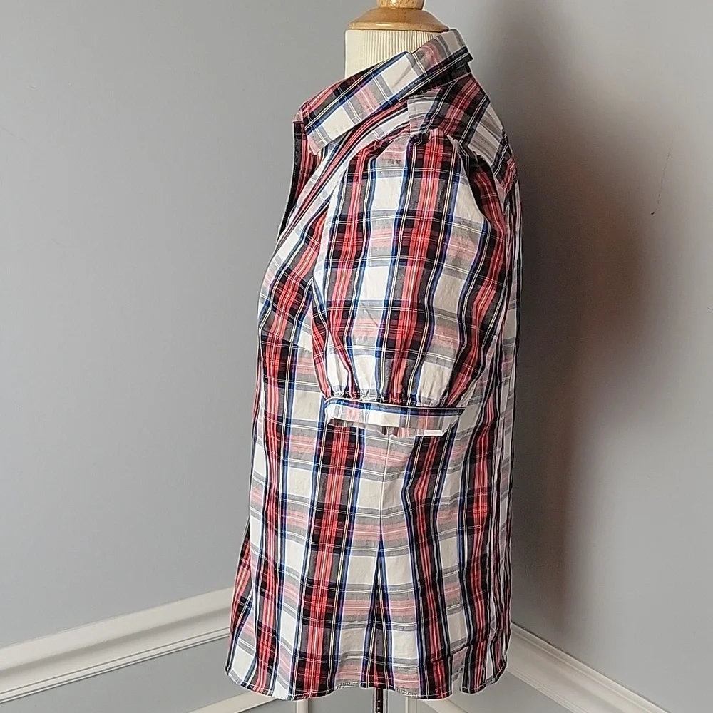 J.CREW‎ Red Black Tartan Plaid Holiday Preppy Classic Puff Short Sleeve Shirt M